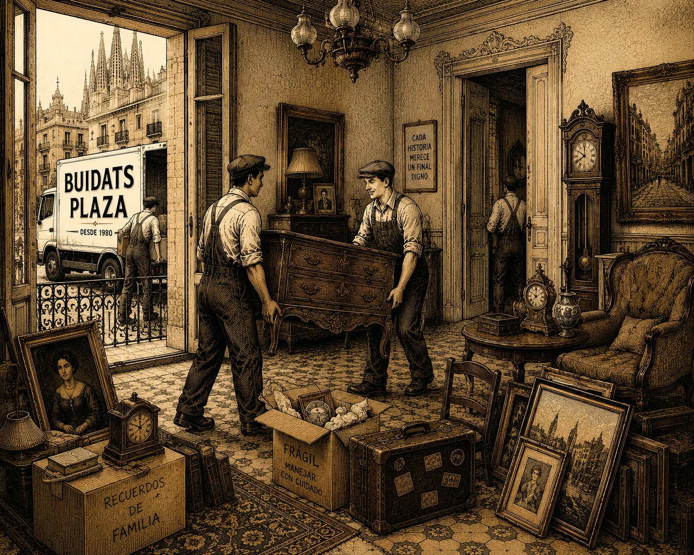Ilustración vintage de un vaciado cuidadoso por acumulación