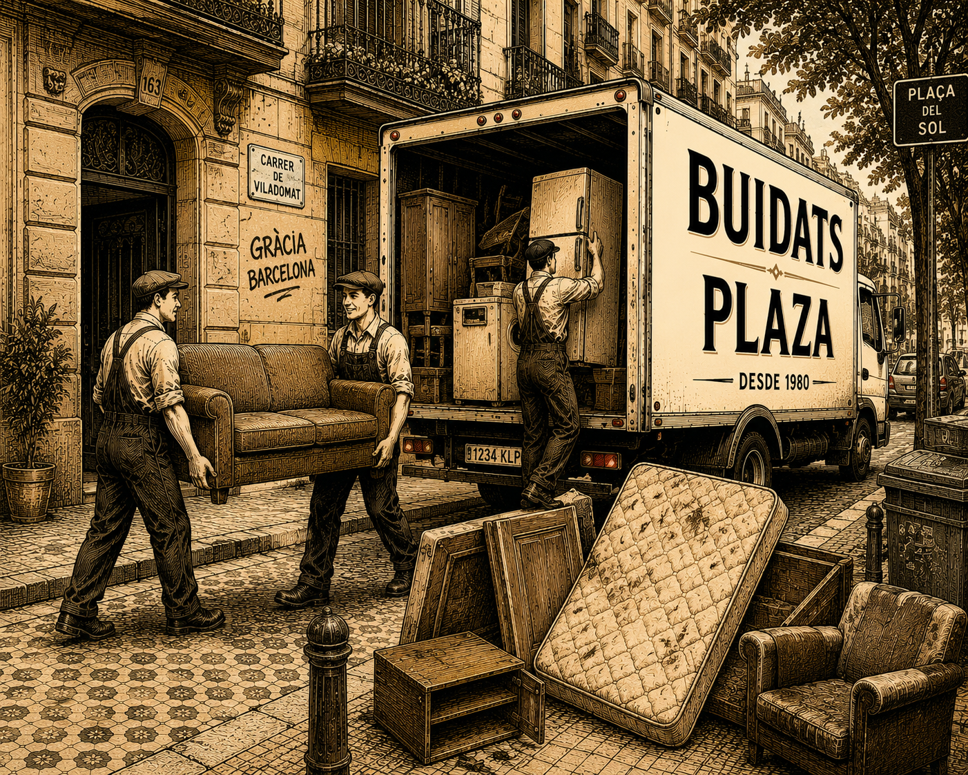 Ilustración vintage de un vaciado de vivienda en Barcelona
