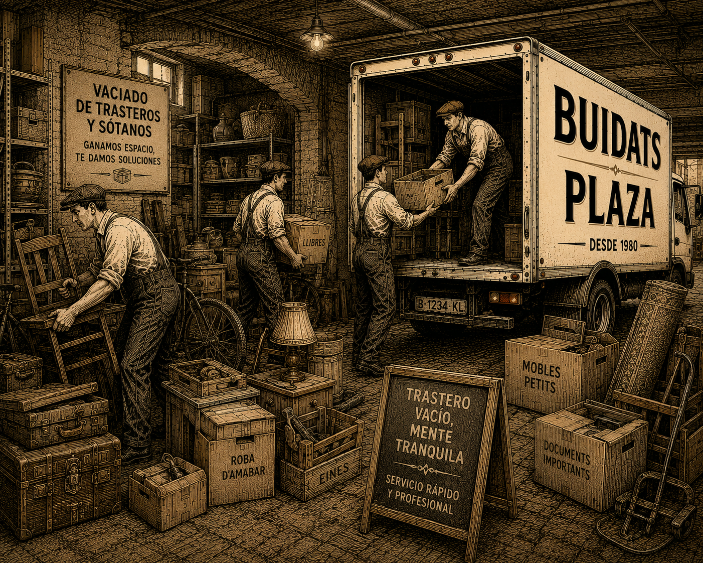 Ilustración vintage de un vaciado de trastero
