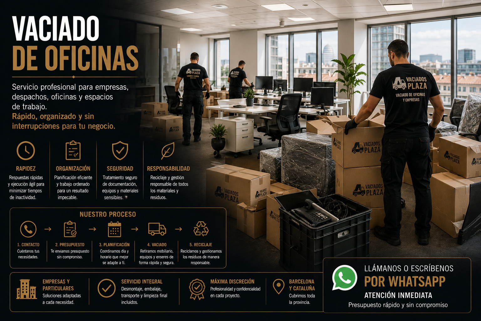 Equipo profesional retirando mobiliario durante un vaciado de oficinas en Barcelona