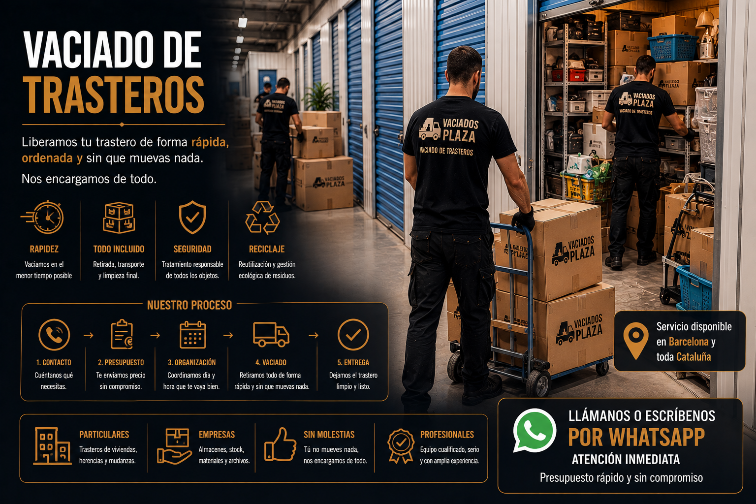Equipo profesional trabajando en un trastero durante un servicio de vaciado en Barcelona